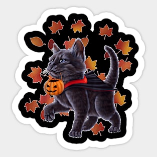 Cat In A Vampire Costume Holding A Pumpkin. Halloween Kitten Sticker